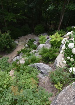 Bluff with hydrangeas, natural plants, granite boulders and rope railing
