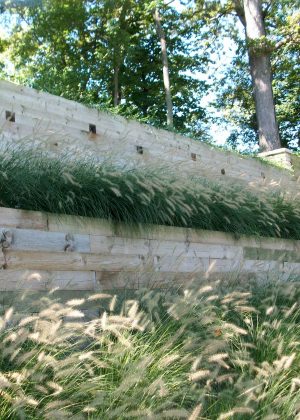 Timber walls on bluff surrounded by prarie grasses