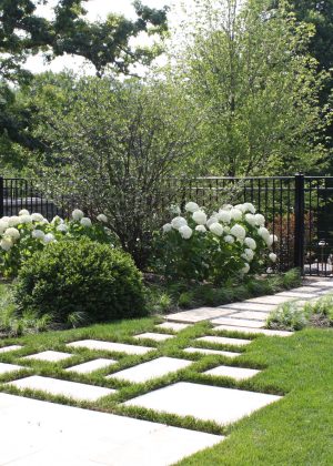 Garden entry featuring stepper path surrounded by lush hydrangeas
