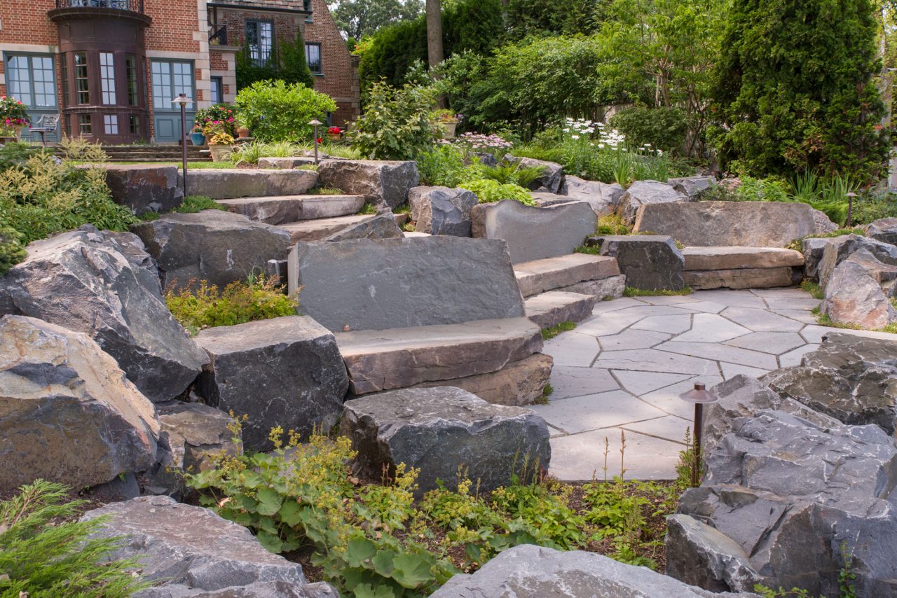 Rock garden featuring stone seating areas
