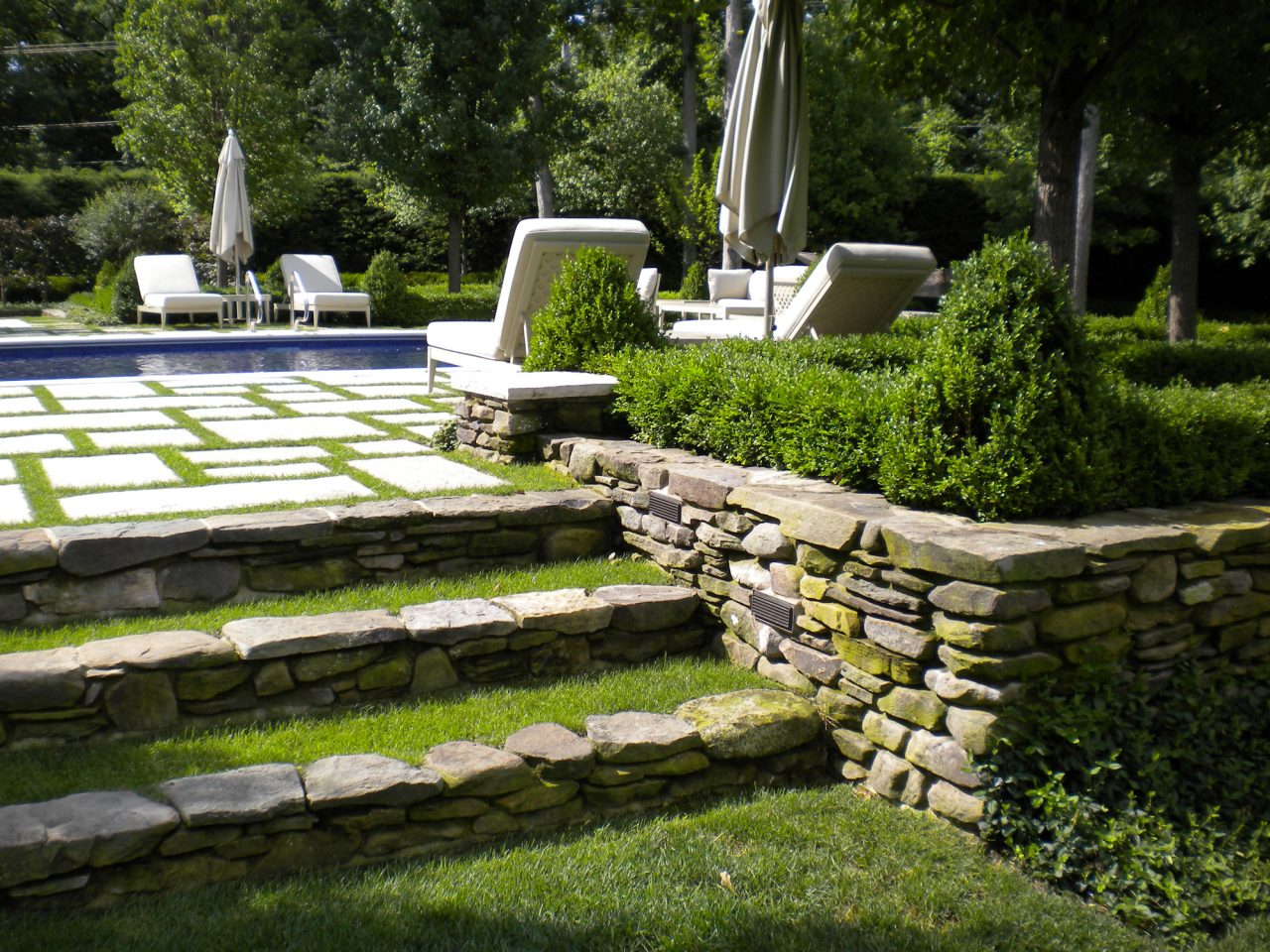Pool area with boxwood hedges and annual planting