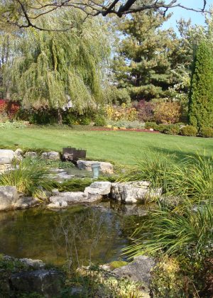 Pond with fire pit in background, mowed lawn surrounded by flower beds