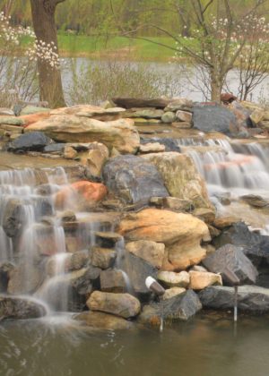 Waterfall feeding pond surrounded by natural landscape